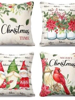 Holiday Cardinal & Poinsettia Decorative Throw Pillow Cover - Red & Cream